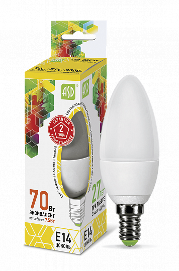 Лампа светодиод. ASD LED свеча 7,5 Вт Е14 3000К тепл.